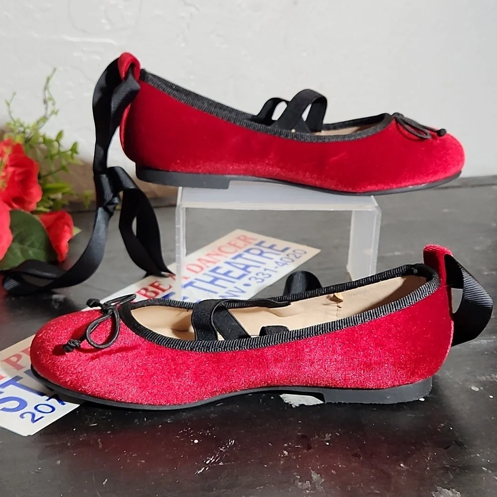 HOO Ted Velvet Ballerina Flats Bow Detachable Ribbon Tie Slip On Flats C…